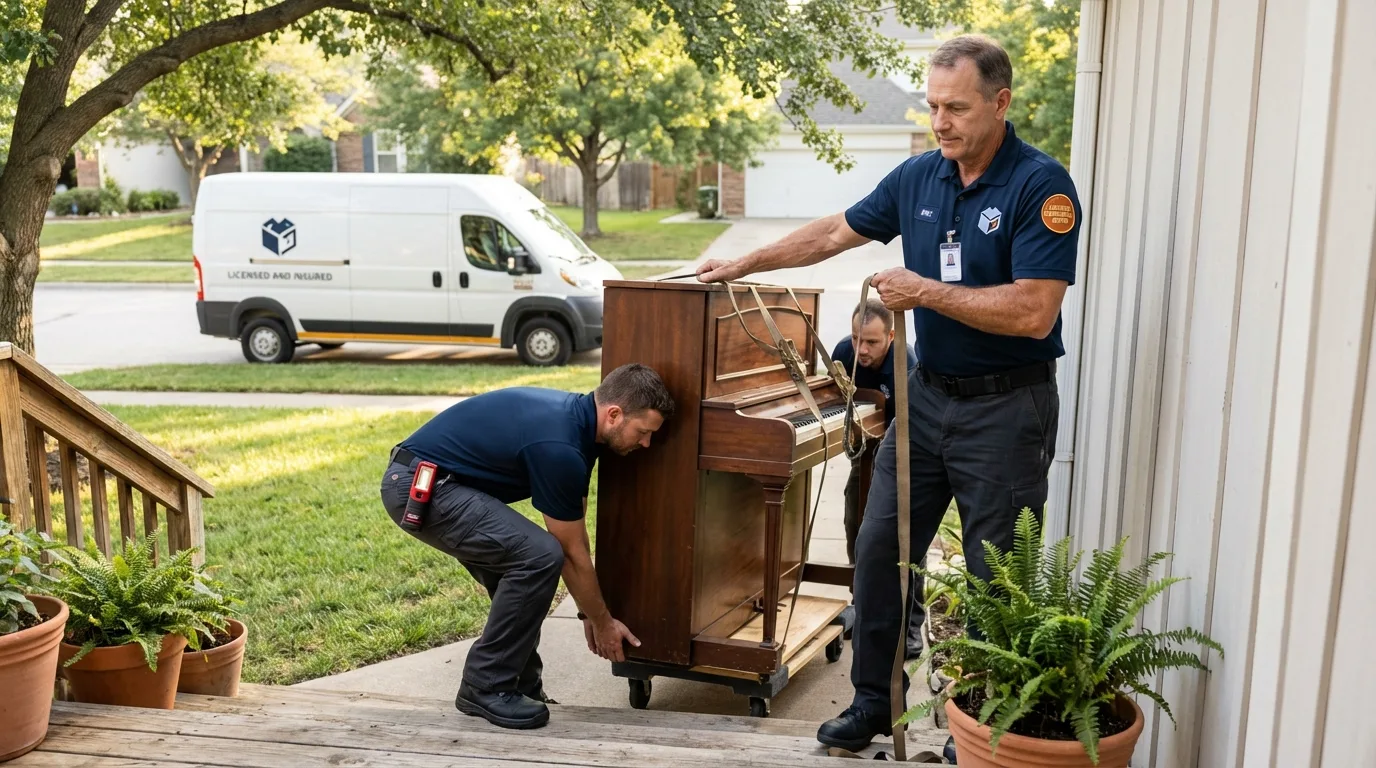 Licensed piano movers securing grand piano in Benson, AZ