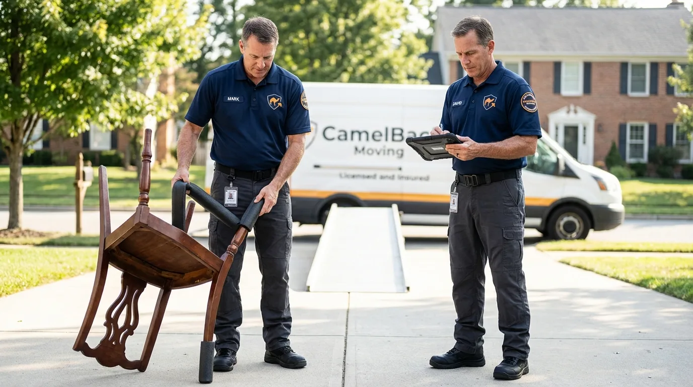 Movers inspecting furniture for damage prevention before loading in Benson, AZ