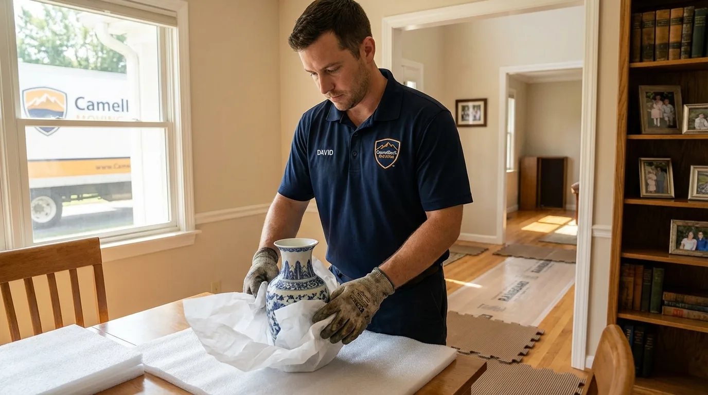 Professional crew carefully wrapping antique vase for senior downsizing move in Benson, AZ